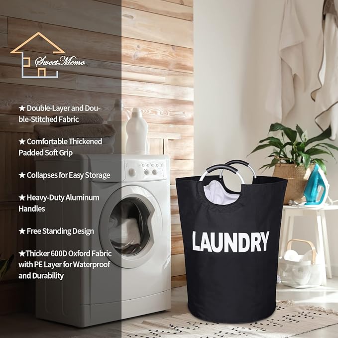 Huge Laundry Basket Collapsible 160L, Oversized Clothes Hamper Bag with Handles – Tall Folding Dirty Laundry Bin, Sturdy Laundry Sorter for Family, Heavy Duty – Jumbo Size - Black