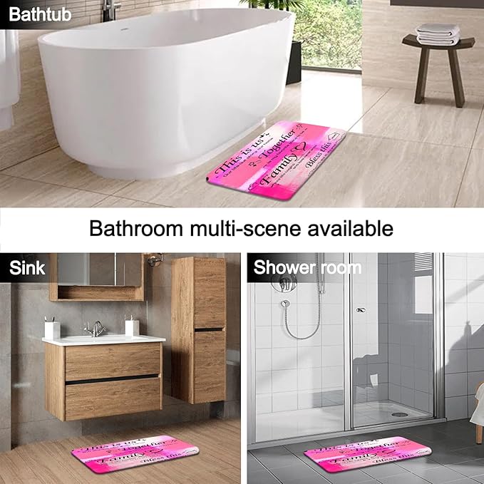 Lnond 4Pcs Bathroom Shower Curtain Sets with Rugs, Pink Motivational Home Family Bathroom Sets with Shower Curtain and Rugs and Accessories