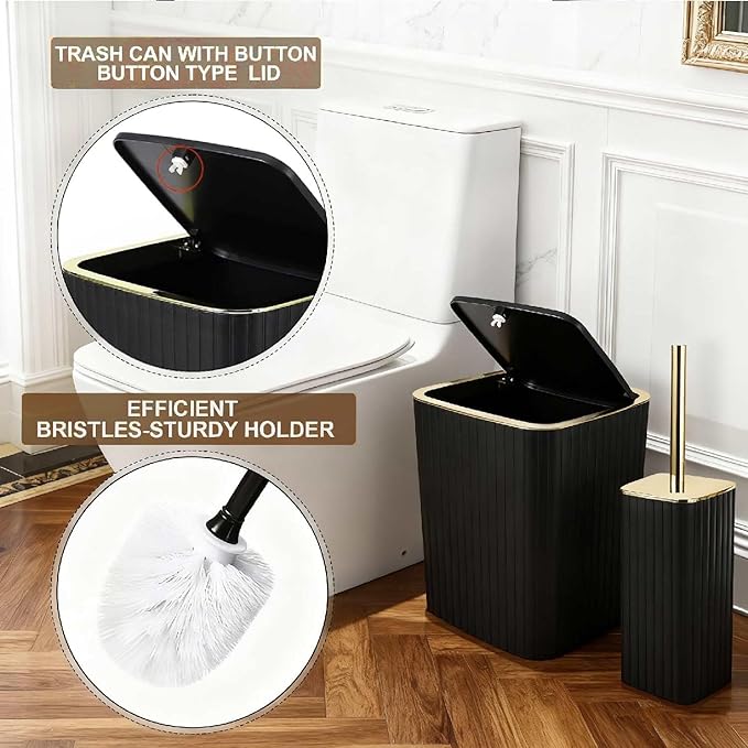 Bathroom Accessory Set with Shower Curtain and Rugs 23Pcs, Black Bathroom Set - Trash Can, Soap Dispenser, Soap Dish, Toilet Brush, Toothbrush Holder, Toothbrush Cup, Tissue Box, Q-tip Holders