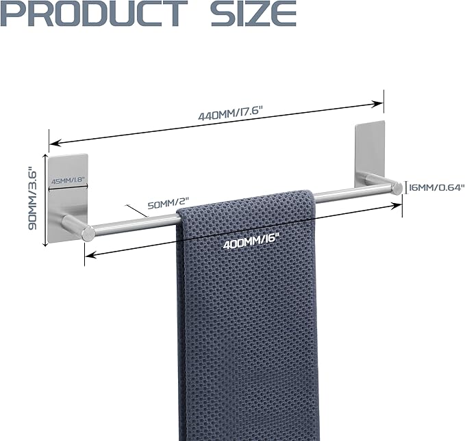 Alise Adhesive Towel Bar, 16 Inch Towel Racks for Bathroom SUS 304 Stainless Steel,Bathroom Towel Holder No Drill, Strong Self Adhesive Towel Bar, Brushed Nickel