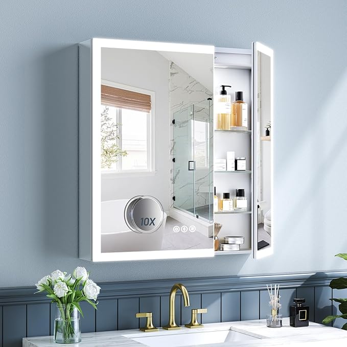 30x32 Inch Lighted Medicine Cabinet, AL Alloy Frame, Plug-in or Hardwired, Recessed or Wall Mount, Mirror Doors/3 Colors/Dimmable/Interior Sensor Light/Anti-Fog, 2 Outlets &USBs, 3 Shelves