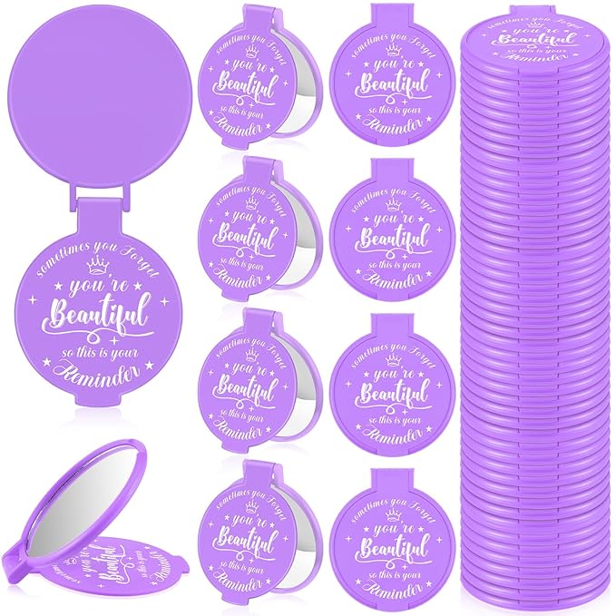 36 Pcs 2.76 Inch Inspirational Compact Mirror Bulk Women Small Gifts Graduation Party Favors Purse Mirror Pocket Mini Stuffer Items for Adult Coworker Cheerleader Employee (Purple)