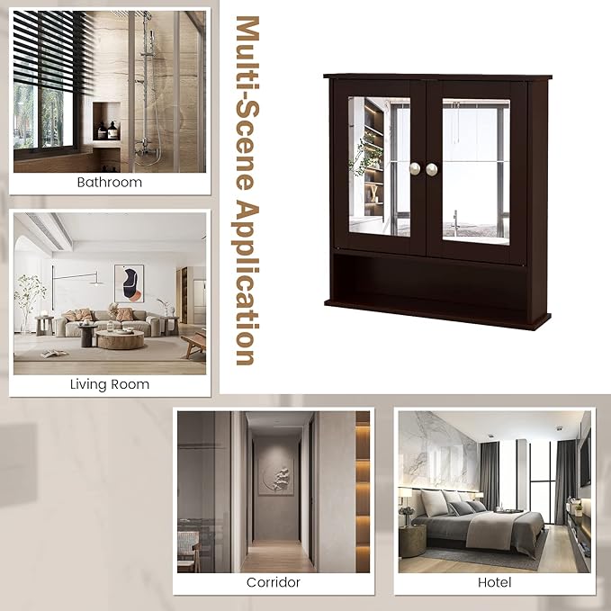 COSTWAY Bathroom Cabinet Wall Mount, Wooden Medicine Cabinet with 2 Mirror Doors, Adjustable Shelf, Open Compartment, for Laundry, Living Room, Kitchen, Brown