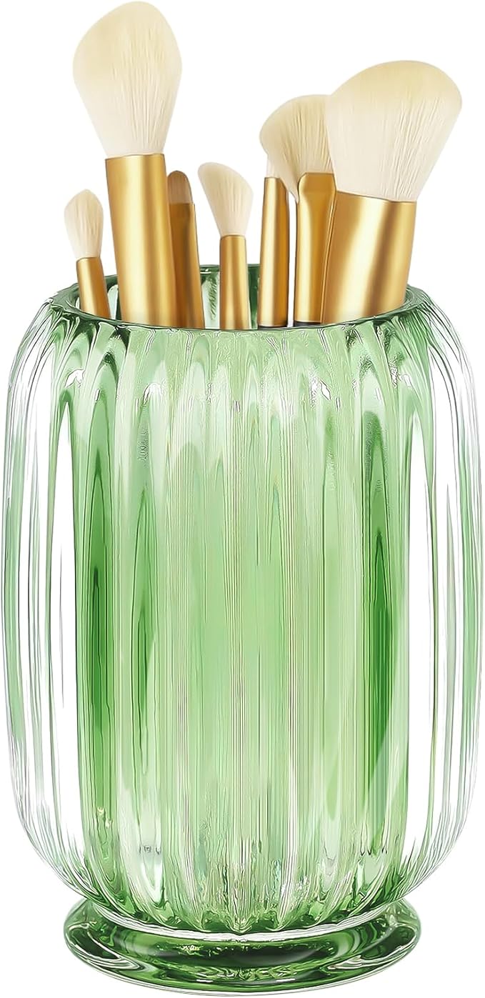 Makeup Brush Holder, Thick Glass Makeup Brush Organizer Cup, 4.8" Tall for Vanity Hair Brush Holder Brushes Storage, Makeup Brush Holder Organizer organizador de brochas de maquillaje Crystal Green