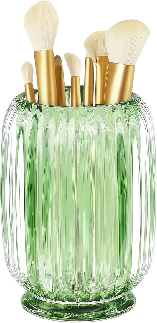 Makeup Brush Holder, Thick Glass Makeup Brush Organizer Cup, 4.8" Tall for Vanity Hair Brush Holder Brushes Storage, Makeup Brush Holder Organizer organizador de brochas de maquillaje Crystal Green