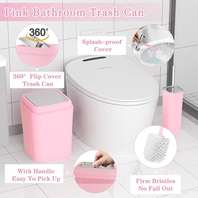 XLHOMO Pink Bathroom Accessory Set, Plastic Bathroom Set with Tray, Soap Dispenser, Toothbrush Holder, Toothbrush Cup, Soap Dish, Toilet Brush, Trash Can and Q-tip Holders for Bathroom/Housewarming