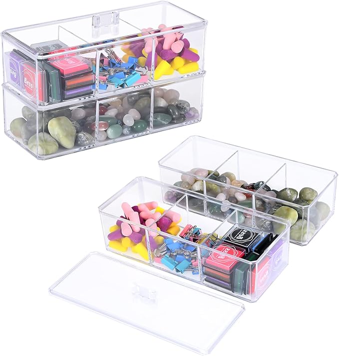 dedoot 3 Compartment Organizer 2 Layers,Plastic Drawer Clear Acrylic Vanity Desk Storage and Organizer, Bathroom Display Storage Container with Lid for Jewelry, Small Items 9.17x3.7X5.82 Inch