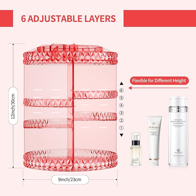360 Rotating Makeup Organizer,DIY Adjustable Cosmetics Organizer[Patented Product],Professional Acrylic Make Up Caddy Shelf Storage Perfume,Lipsticks,Makeup Brushes or Accessories (Pink)