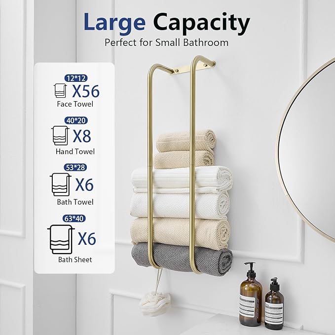 BWE Brushed Gold Towel Racks for Bathroom, Wall Mounted Towel Rack for Rolled Towels, Bathroom Towel Storage, Stainless Steel Vertical Towel Holder, Bathroom Organizer