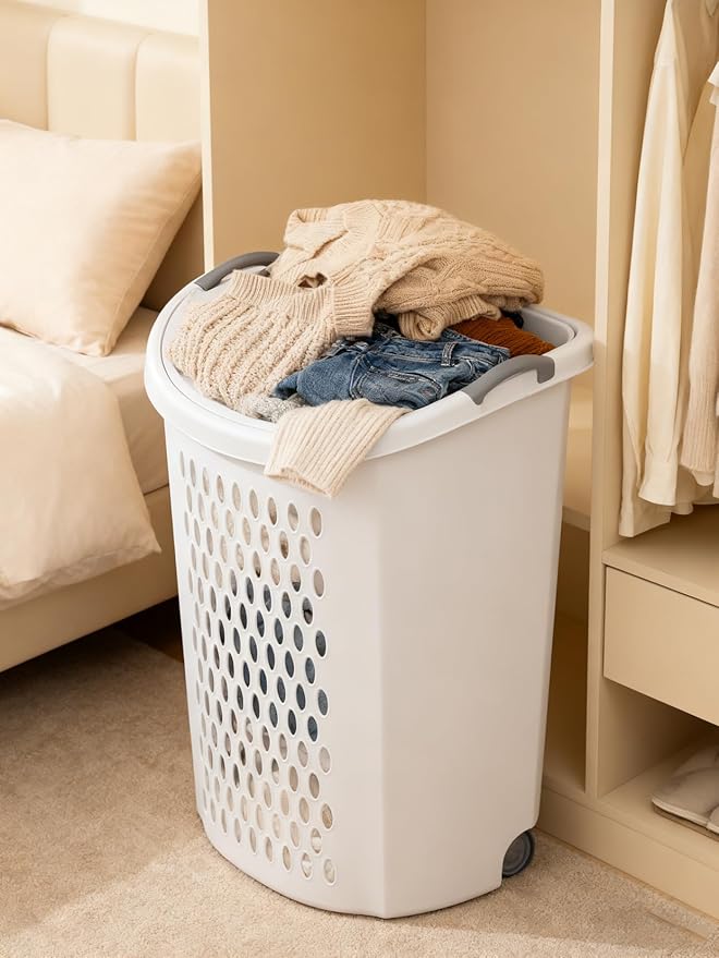 Wheeled Hamper, Plastic Laundry Hamper with Handle for Easy Transport, White