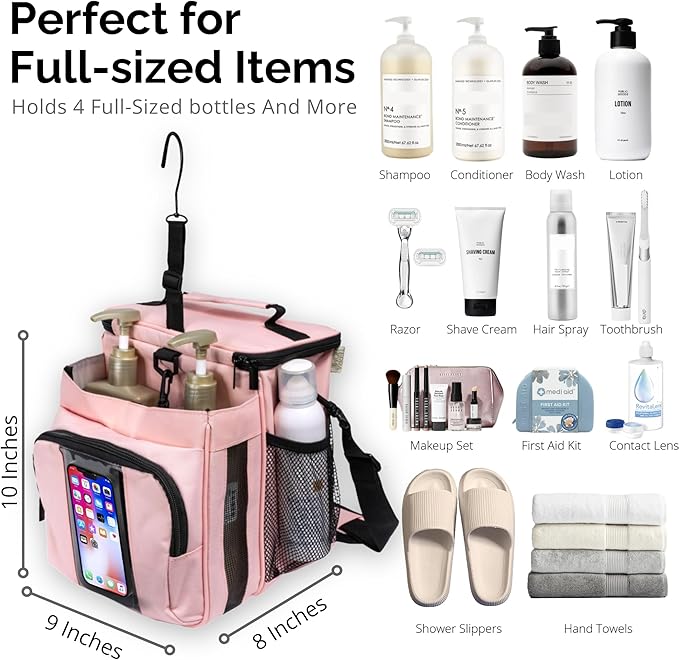 TERRA HOME XL Portable Shower Caddy Bag for Girls with Extra Storage, Durable Mesh Bottom, Shoulder Strap, Keychain Holder Shower Caddy Case for College Dorms - Travel Vacation Essentials (Blush Pink)
