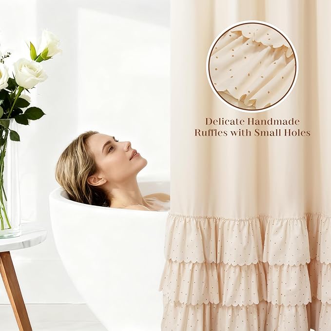 Adjustable Bow-Tie Top Beige Ruffle Shower Curtain for Girls Women, Delicate Fabric Shower Curtain with Handcrafted Ruffles and Small Holes, Waterproof Ruched Farmhouse Bathroom Curtain, 72"W x 72"H