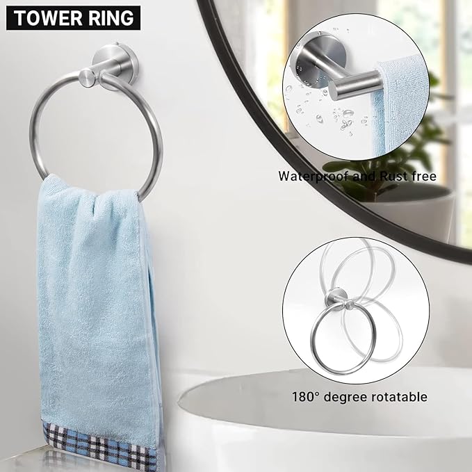 6 Piece Brushed Nickel Bathroom Hardware Set, Includes 24 inch Towel Bar, 16 inch Towel Rack, Towel Ring, Toilet Paper Holder, Towel Hook