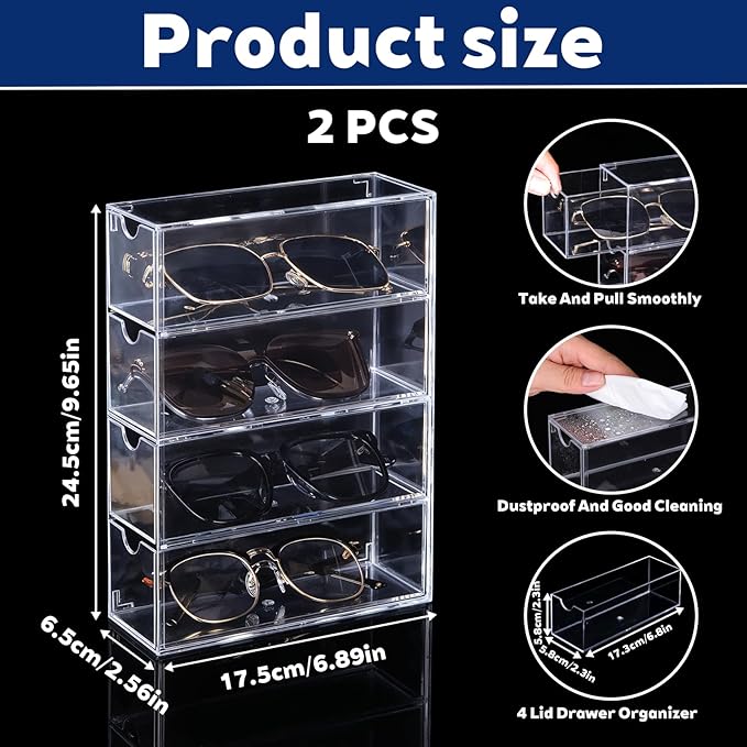 2PCS Sunglass Organizer Clear Acrylic Organizer, 9.65*6.89*2.56 Inch Plastic Stackable Eyeglass Case Storage Organizers with 4 Drawers, Glasses Organizers for Women for Glasses Jewelry Watch Storage