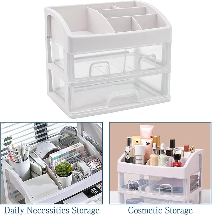 Cosmetic Storage Box Cosmetic Display Cabinet Bathroom Dressing Table Organizer with 3 Drawers and 1 Tray Makeup Organizers for Counter (White)