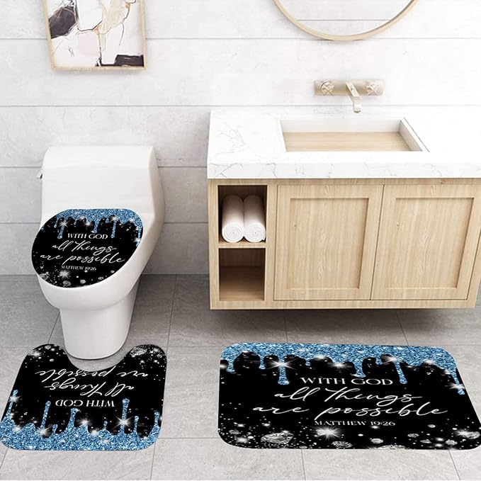 4 Pcs Black Blue Diamonds Shower Curtain Set with Rugs and Toilet Lid Cover, Black White Bible Verse Waterproof Fabric Bathroom Set, Christian Scripture Shower Curtain Bathroom Decor Set Accessories