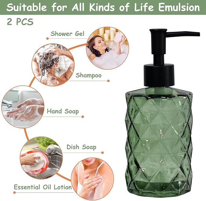 Green Glass Soap Dispenser with Black Plastic Pump, 12oz Refillable Liquid Hand Soap Dispenser, 2 Pack Crystal Lotion Bottle for Modern Home Decor, Bathroom, Kitchen Countertop, Hotel
