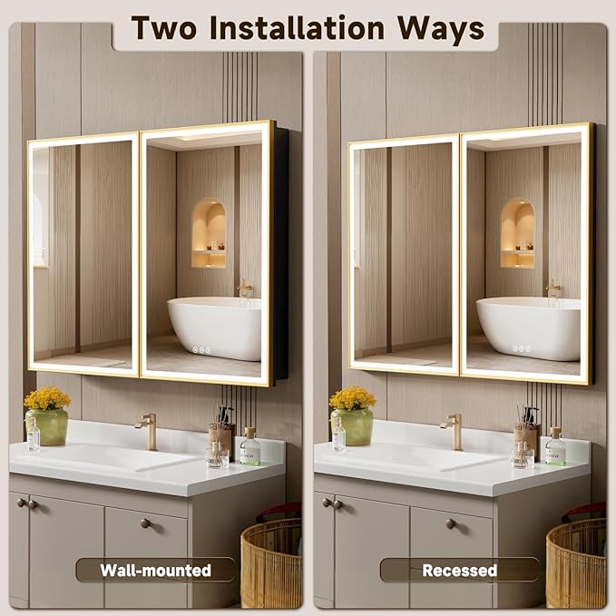 24X30 Inches Framed Medicine Cabinet with Lights, Bathroom Medicine Cabinet with 3-Color/Dimmable, Anti-Fog, Plug-in & Hardwired, Surface Mount & Recessed