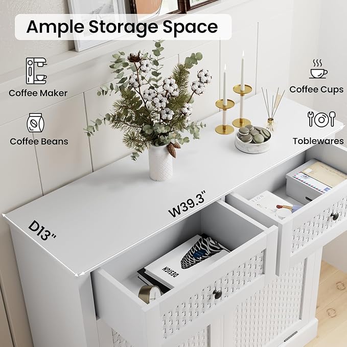 Double Tilt Out Laundry Hamper Cabinet, Rattan-Style Laundry Room Organization with Removable Laundry Basket, Hidden Wood Dirty Clothes Hamper with Drawers, 39" L x 13" W x 35.8" H, White
