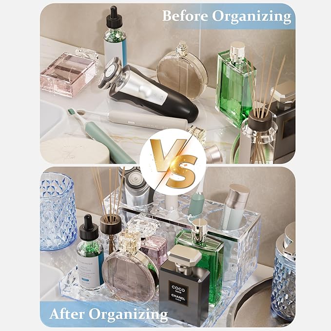 Glass Bathroom Accessories Set 5Pcs Crystal - Blue Foaming Soap Dispenser, Soap Dish, Cup, Acrylic Toothbrush Holder with Tray Organizer, Cotton Swab Jar, Bathroom Counter Set Sink Decor