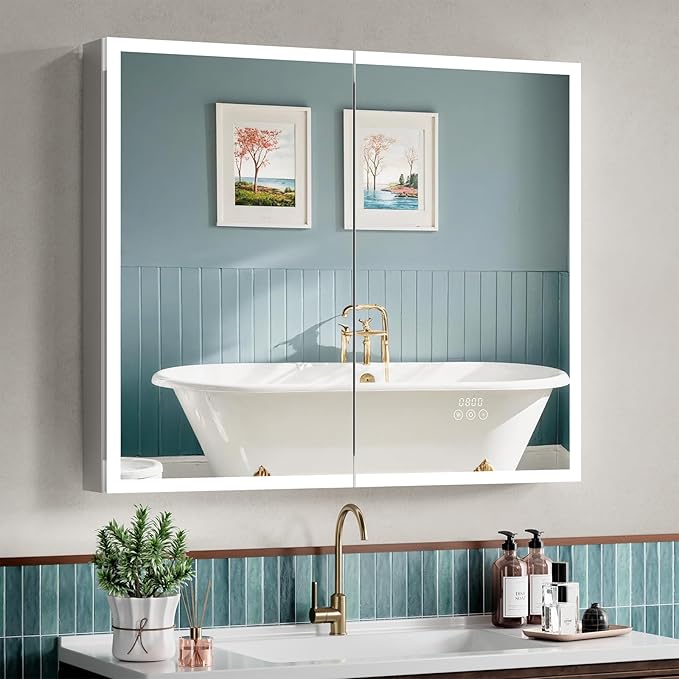 Medicine Cabinet with Lights, 36x30 Inch LED Mirror with 3 Color Lighted, Dimmable, Defogger, Clock & Temp, Surface or Recessed