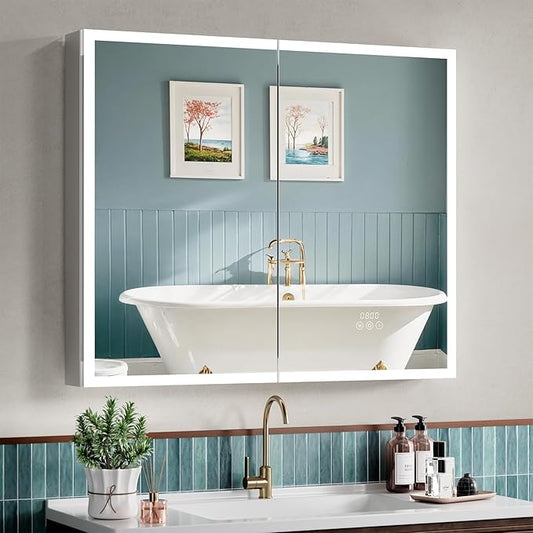 Medicine Cabinet with Lights, 36x30 Inch LED Mirror with 3 Color Lighted, Dimmable, Defogger, Clock & Temp, Surface or Recessed