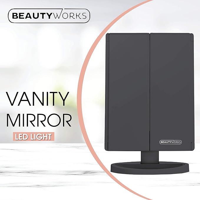 Beautyworks Backlit Makeup Vanity Mirror 36 LED Lights Touch-Screen Light Control, Tri-Fold 1/2/3X Magnification, Portable High-Definition Cosmetic Magnifying Personal Makeup Mirrors (Midnight Black)