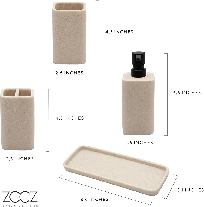 ZCCZ Bathroom Accessory Sets, 4 Pieces Bathroom Accessories Complete Set Vanity Countertop Accessory Set Marble Look, Includes Lotion Dispenser Soap Pump, Tumbler, Toothbrush Holder and Tray (Beige)