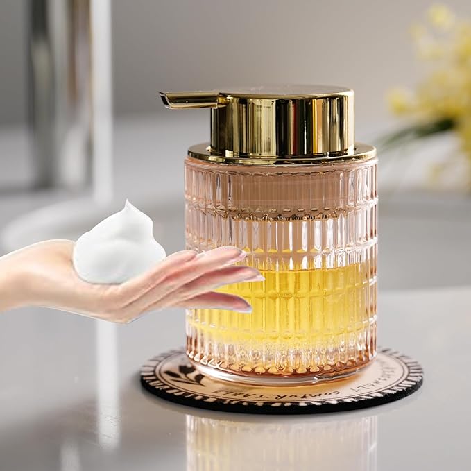 CICUFY Refillable Glass Foam Soap or Lotion Dispenser for Kitchen and Bathroom with Large Gold Pump (Striped Pattern-Pink)