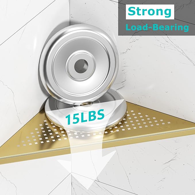 Qeke Bathroom Corner Shelf, Recessed 12" Shower Shelf Caddy, SUS304 Stainless Steel Shelf Wall Mount Triangular, No Drilling, Brushed Golden