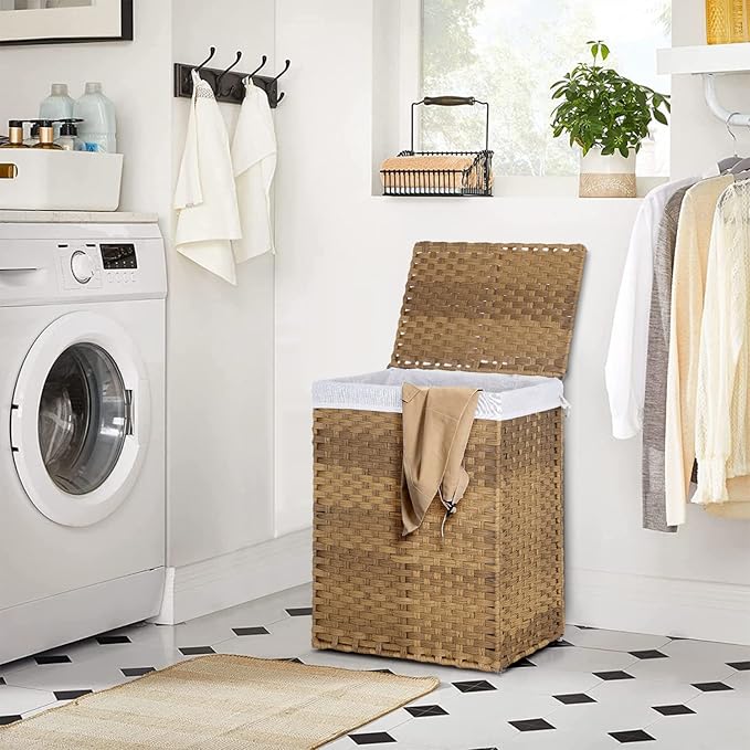 Paylesshere Laundry Basket Handwoven Laundry Hamper 90L/110L Foldable Rattan Hamper With Lid, 2 Removable Liner Bags & 6 Bags,Clothes Bathroom Basket,Natural