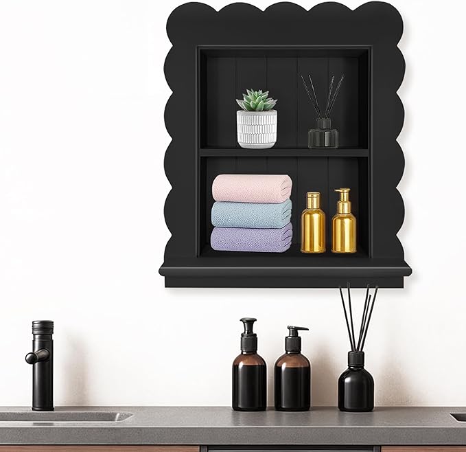 Royxen 14"x18" Recessed Medicine Cabinet, 2-Tier Wooden Bathroom Wall Cabinets Without Mirror,Scalloped Large Medicine Cabinet Niche for Bathroom Storage Organizer (Black, 14 x 18 Inch)