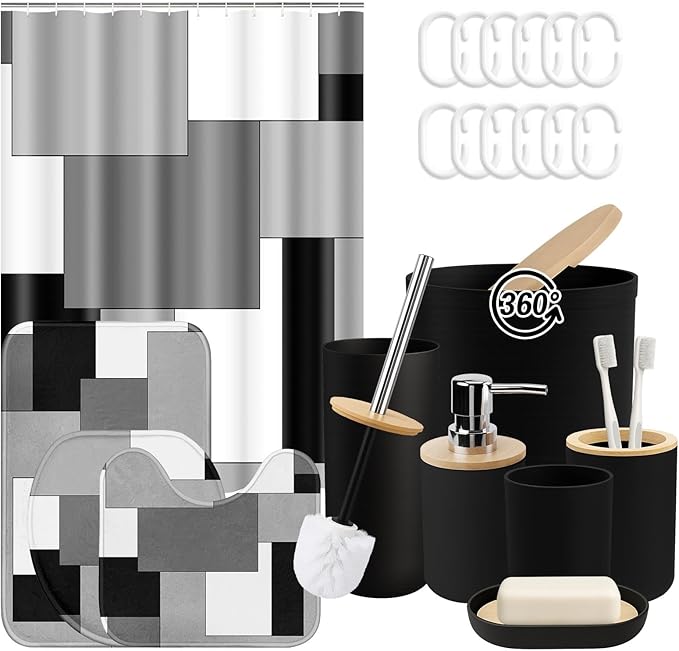 Geometric Checkered Grey Black Bathroom Decor and Accessories Set, Shower Curtain and Rug Set with Trash Can, Soap Dispenser, Soap Dish, Toothbrush Holder, Toothbrush Cup, Toilet Brush