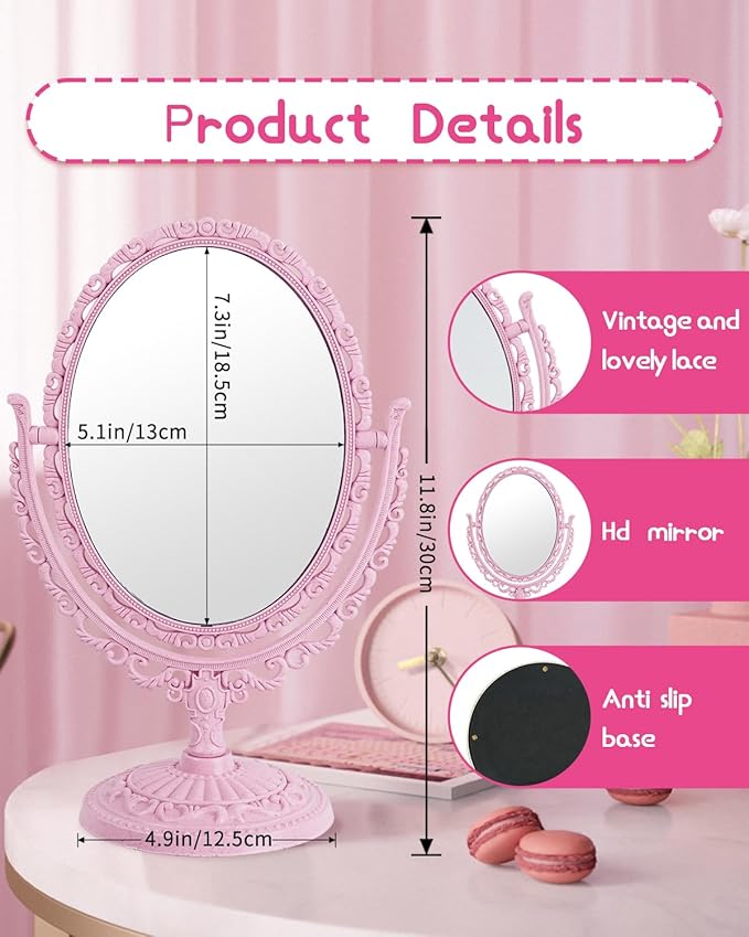 XPXKJ Pink Vintage Vanity Mirror Shabby Chic Decor | 360° Rotating Double-Sided Table Makeup Mirror with Stand Bedroom Decoration Perfect for Tabletop, Desk, Or Makeup Station