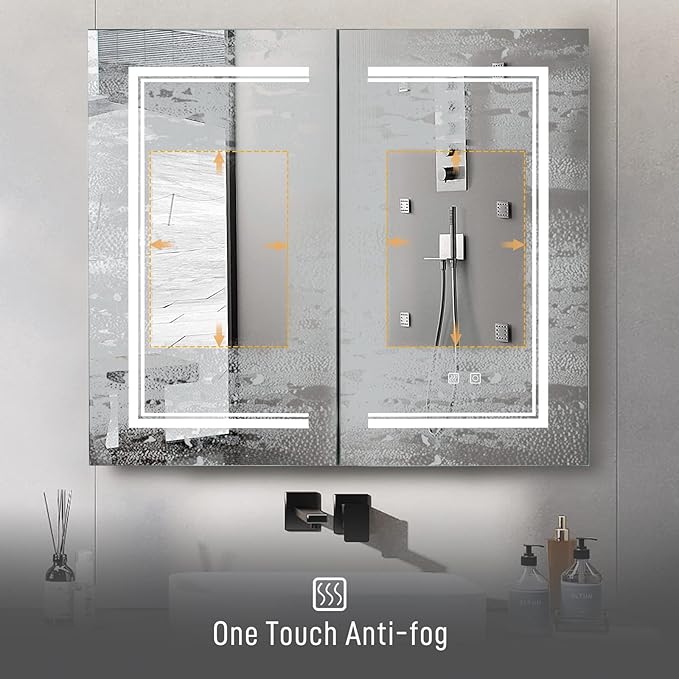 Karl home 32x28 Inch 2 Doors Bathroom Medicine Cabinet with LED Mirror, 3 Color Wall Mounted Dimmable Bathroom Cabinet with 3-Tier Storage Shelves, Anti-Fog, USB Charge, Black