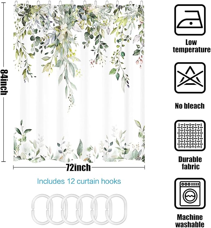 kampdream Eucalyptus Plant Rustic Shower Curtain, Watercolor Leaves On The Top Country Farm House Shower Curtain, Spring Botanical Bathroom Curtain 72 ×84 Inch
