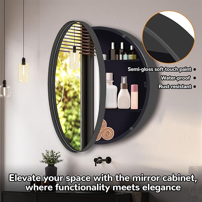 26 Inch Round Medicine Cabinet with Mirror, Black Farmhouse Bathroom Storage Cabinet, Metal Frame Circular Vanity Mirror Cabinet, Surface Mount Only – Ideal for Master Bathrooms