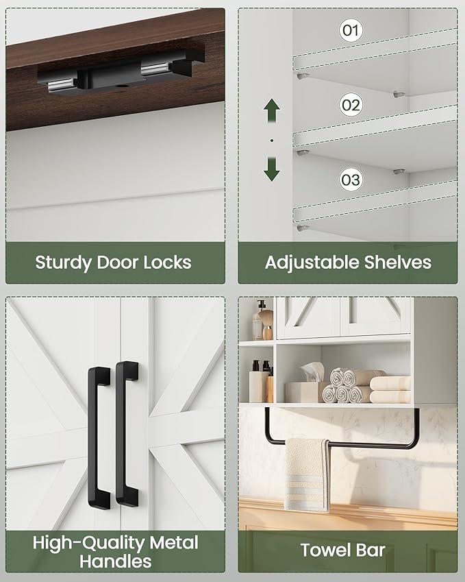 CHOEZON Bathroom Wall Cabinet, Medicine Cabinet Wall Mounted, Over Toilet Storage Cabinet, Wall Cabinet with Towel Bar, Open and Hidden Storage Space, for Bathroom Living Room Kitchen White and Walnut