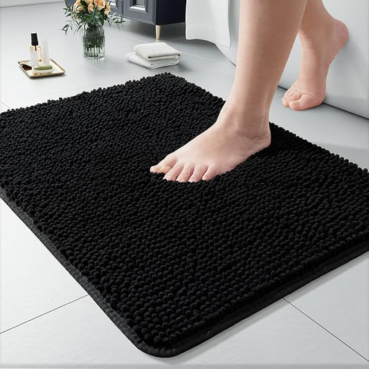 LOCHAS Luxury Bathroom Rug Shaggy Bath Mat 24 x 17 Inch, Washable Non Slip Bath Rugs for Bathroom Shower, Soft Plush Chenille Absorbent Carpets Mats, Black