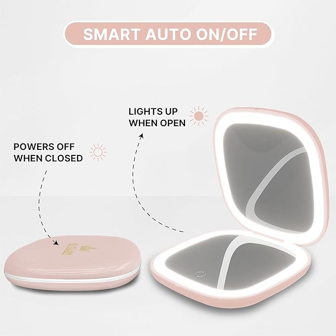 Led Compact Mirror, 1X /10X Magnification, 3.9" Portable Double Sided Light, Auto ON/Off, USB Charging, 3 Light Setting and Dimmable, Memory Touch Switch (Pink)