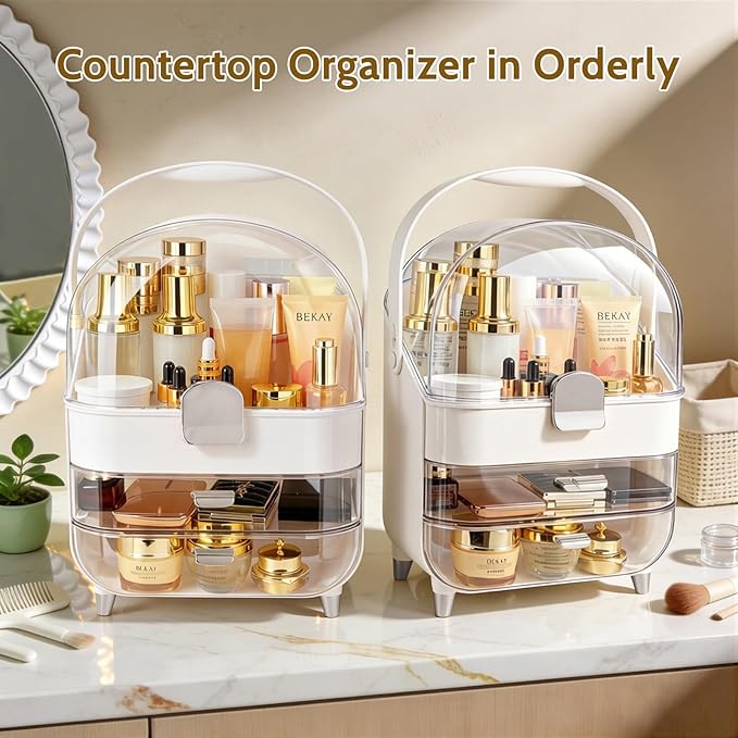 Makeup Organizer with Drawers,Cosmetic Display Case for Vanity,Skincare Organizer with 360 Rotating Brush Holder,Large Storage Box Dresser for Women Gifts, Bathroom Countertop, Sliver