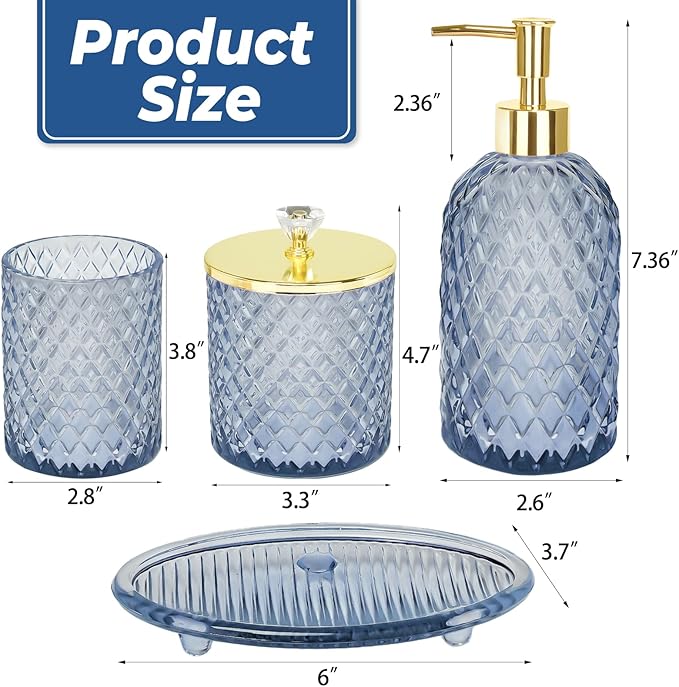 Jenseits Glass Bathroom Accessory Set 4 Piece - Elegant Blue Diamond Cut Bathroom Set - Lotion Dispenser, Toothbrush Holder, Cotton Swab Jar, Tray - Modern Guest Bathroom Countertop Decor