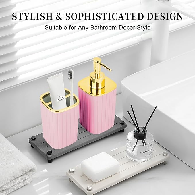 2PCS Bathroom Accessories Set, Pink Bathroom Accessories Include Soap Dispenser and Toothbrush Holder for Boho Bathroom Decor