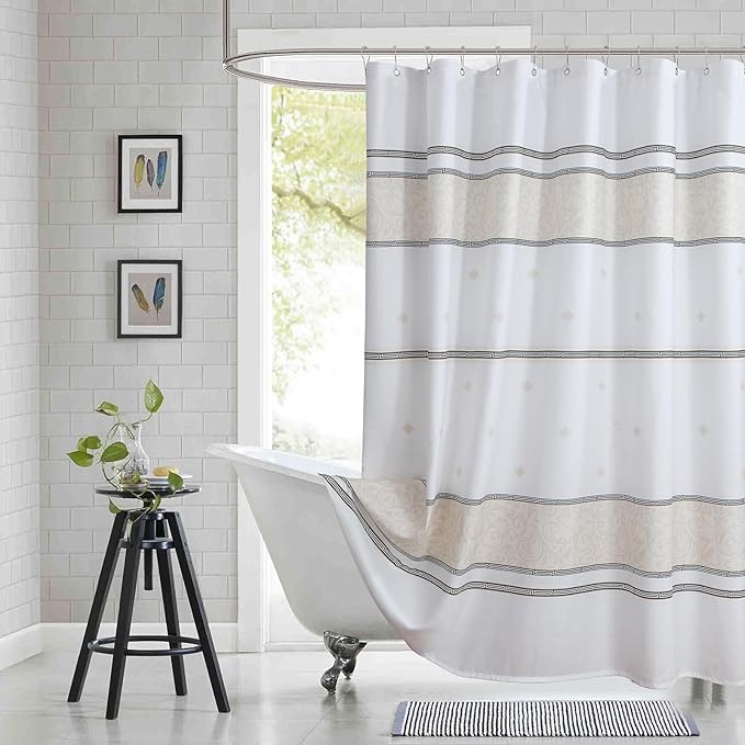 Fabric Shower Curtain, 78 Inch Long White Cream Black Print Waterproof Shower Curtains for Bathroom, 72" W x 78" H