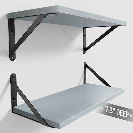 Wall Shelves 7.3" Deep Set of 2, Solid Paulownia Wood Wider Longer Sturdy Easy to Install Wall Mounted Bookshelves Storage Shelves Bathroom Home Office Laundry Room Bedroom Organizer Gray