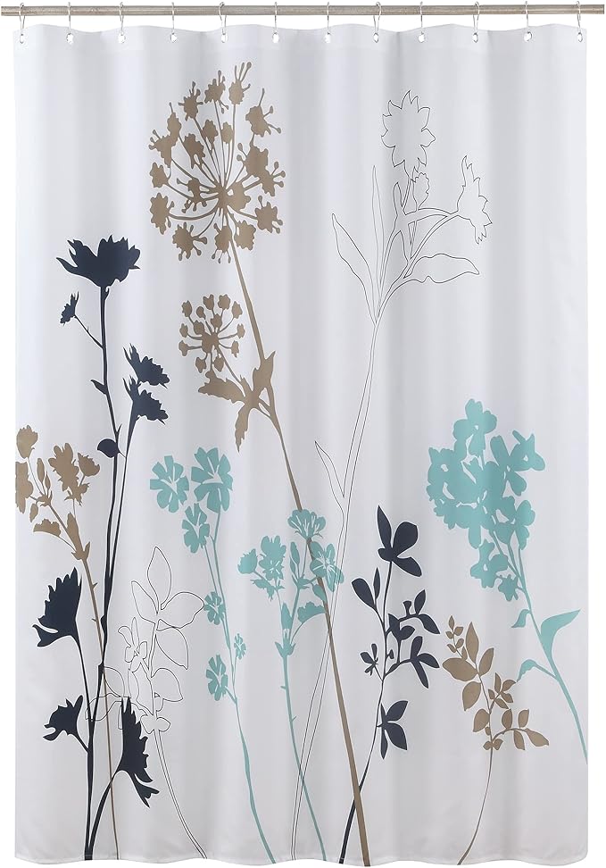 Silhouette Blue Flower Fabric Plants Printed Navy Fabric Shower Curtain,White Floral Bathroom Curtains,72" W x 72" L