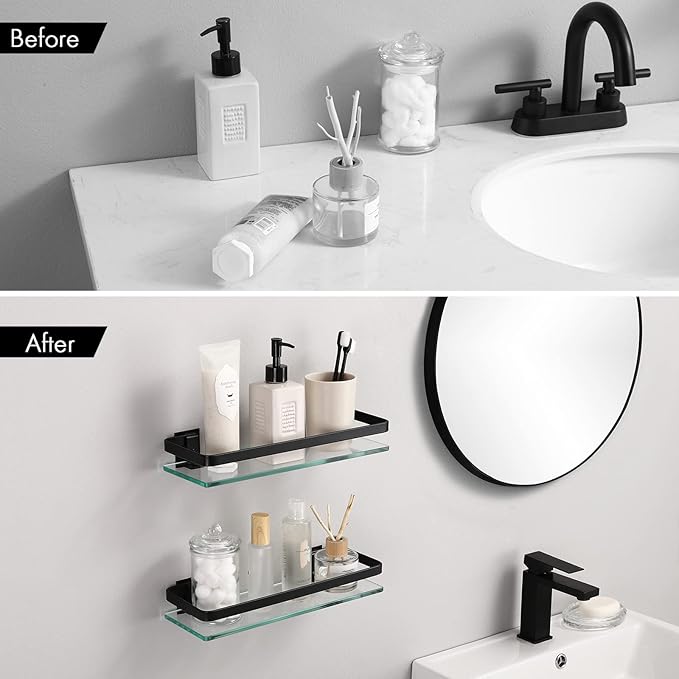KES Bathroom Glass Shelf, Glass Floating Shelves Aluminum Black Extra Thick Tempered Rectangular 1 Tier Basket Wall Mounted, 2 Pack, A4126A-BK-P2