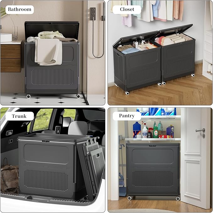 HAIXIN HOME 130L Rolling Laundry Hamper with Lid, Large Plastic Laundry Basket for College Dorm, Foldable Stackable Dirty Clothes Hamper Organizer for Industry, Bedroom, Living Room, Bathroom - Black