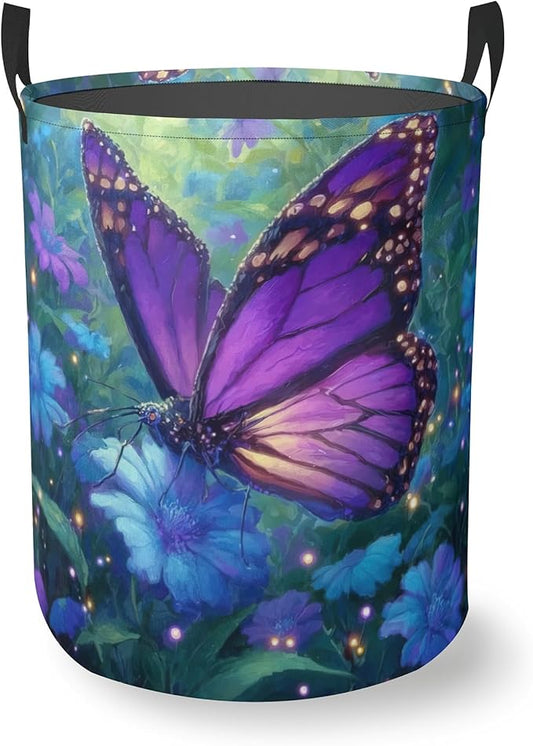 Laundry Hamper Foldable Oxford Cloth Purple Butterfly Flower Laundry Basket With Handle Portable Clothes Storage Organizer Basket Storage Bag For Laundry Room/Bedroom/Bathroom