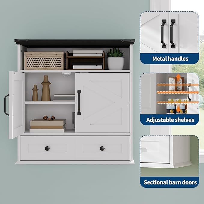 Farmhouse Wall Mounted Medicine Cabinet with Adjustable Shelves, Double Barn Doors & Removable Drawer - Rustic Bathroom Over The Toilet Storage Cabinet for Bathroom, Kitchen, Hallway
